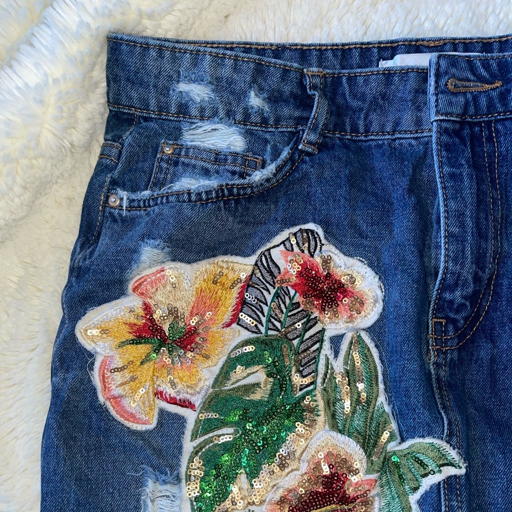 Zara Denim Sequin Floral Skirt